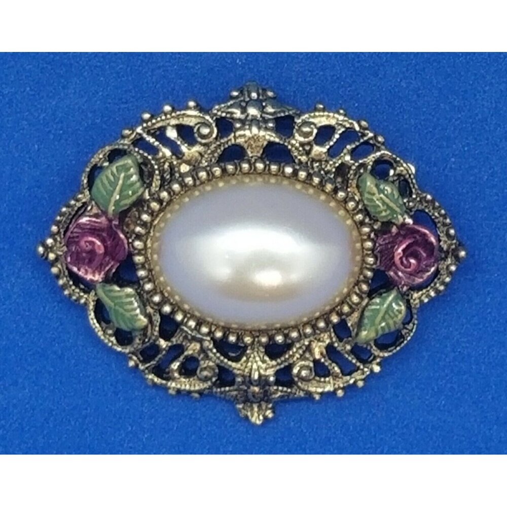 Filigree Victorian Style Brooch Enamel Pearlescent Cabochon Ornate Floral Pin